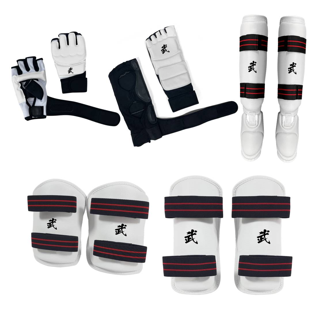 White Vinyl Forearm, Gloves, Shin and Foot Guard (TAE KWON DO SPARRING GEAR SET)