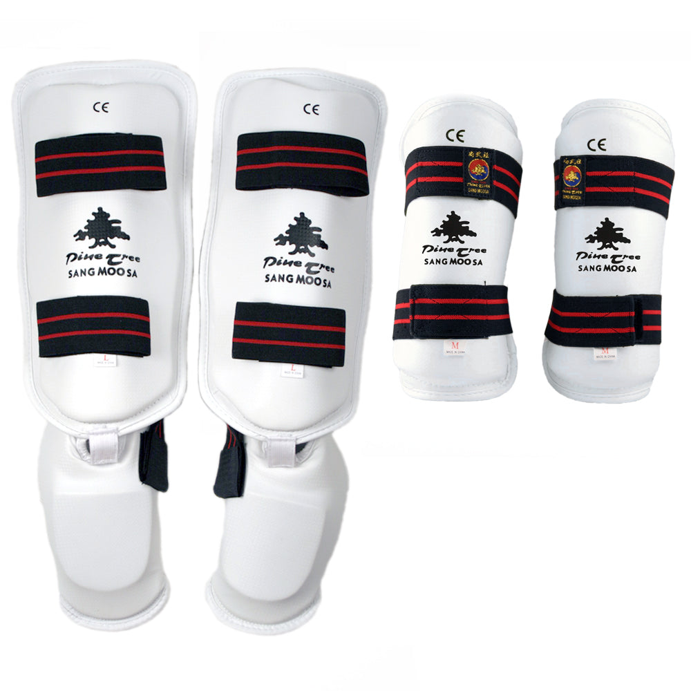 Pine Tree Sangmoosa White Vinyl Sparring Gear Set Forearm and Shin Instep Guards