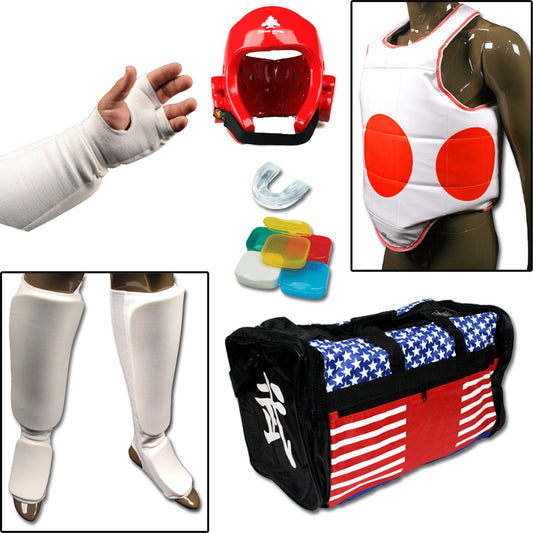 Complete Cloth Martial Arts Sparring Gear Set with Bag, Shin Guard, and Groin Cup