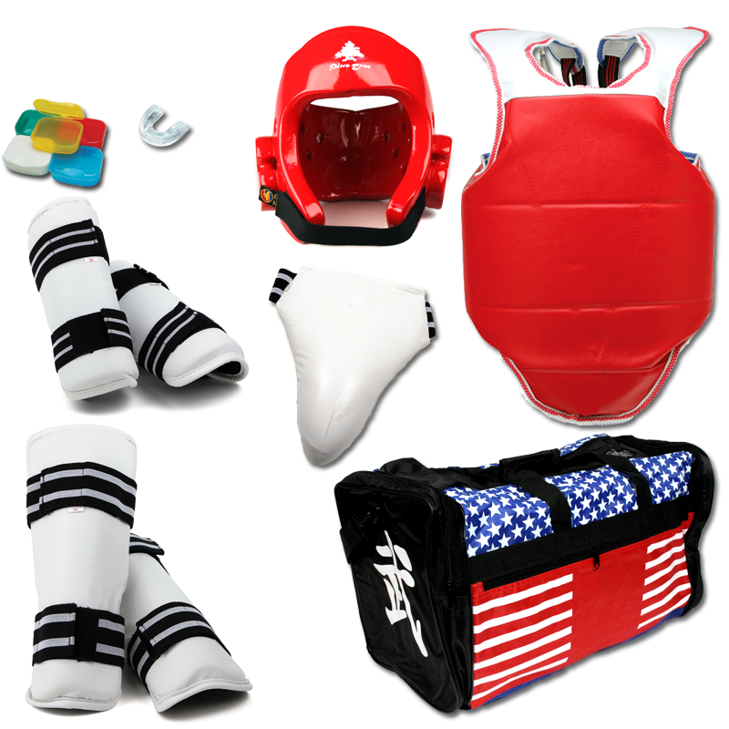 Complete Taekwondo Vinyl Sparring Gear Set w/ Shin Guards –