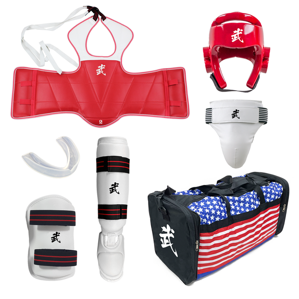 Complete Taekwondo Vinyl Sparring Gear Set w/ Shin Instep Guards