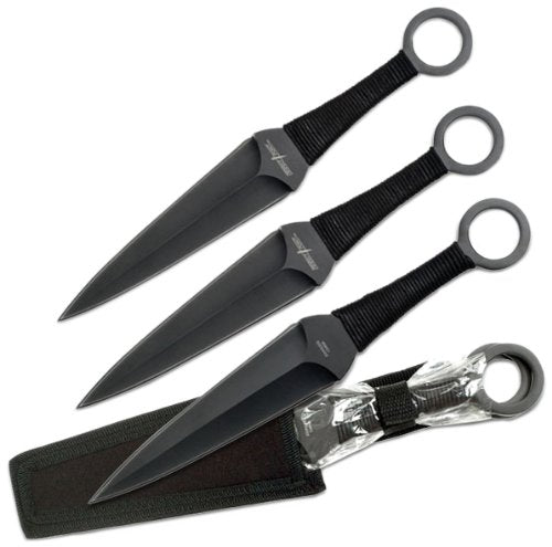 Perfect Point PP-024-3 Throwing Knife Set with Three Knives, Black Blades, Cord-Wrapped Handles, 12-Inch Overall