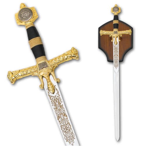 King Solomon Sword w/ Star of David, Gold Guard w/ Display Plaque