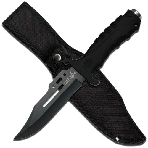 Survivor Outdoor HK-1036 Series Fixed Blade Outdoor Knife, Black Straight Edge Blade, Black Rubber Handle