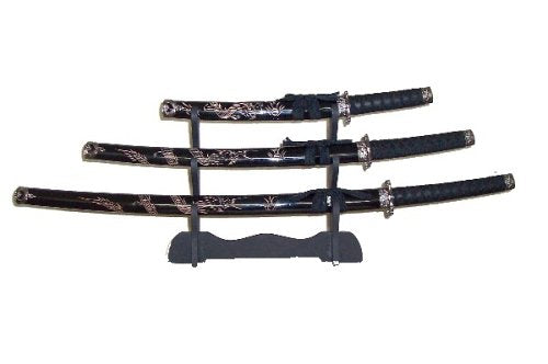 4 pc Traditional Black Samurai Style Sword Set with dragon design