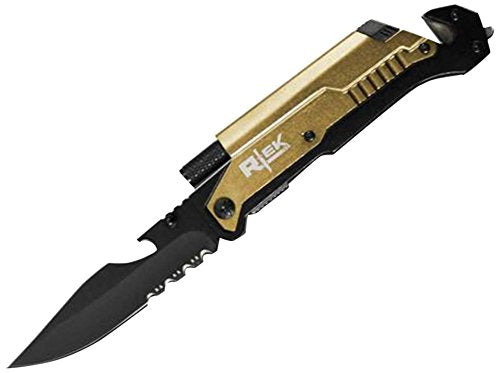 9" Tactical Spring Assisted Black Blue Gold Gray Green Red Survival 7 in 1 Rescue Pocket Knife LED Light Fire Starter Blade Sharpener Bottle Opener Glass Breaker Belt Cutter