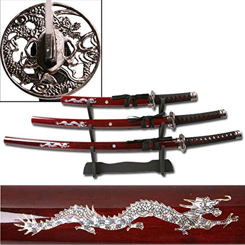 Ace Martial Arts Deluxe Red Dragon Katana Samurai Sword 3pc Set w/ stand