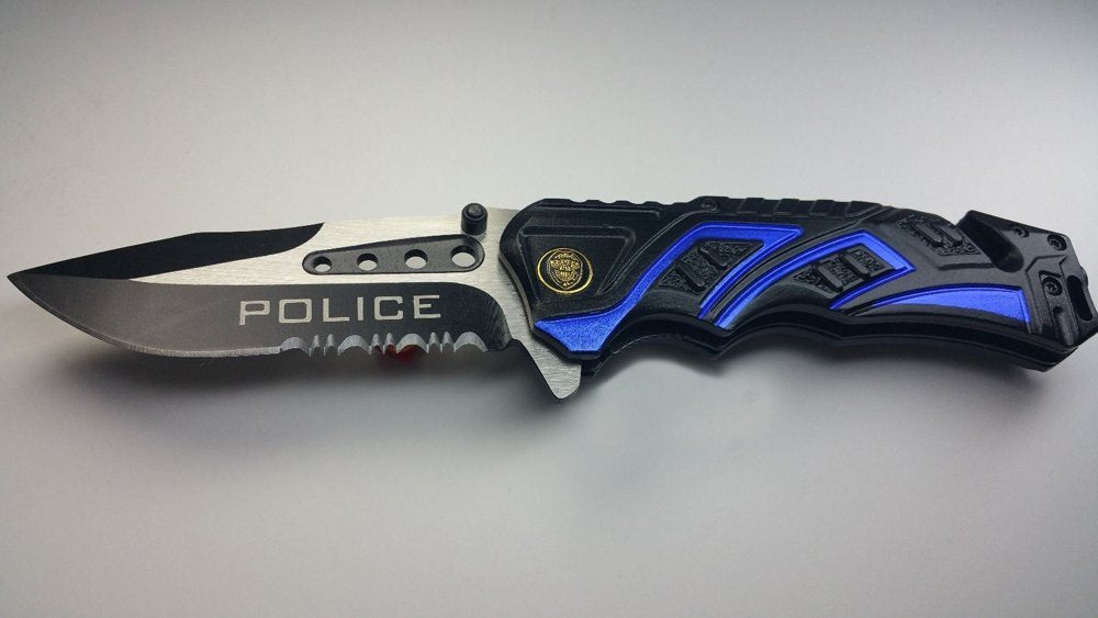 8" Police Blue/Black MTECH SPRING ASSISTED FOLDING KNIFE Blade pocket open switch- Firefighter Rescue Pocket Knife - hunting knives, military surplus - survival and camping gear
