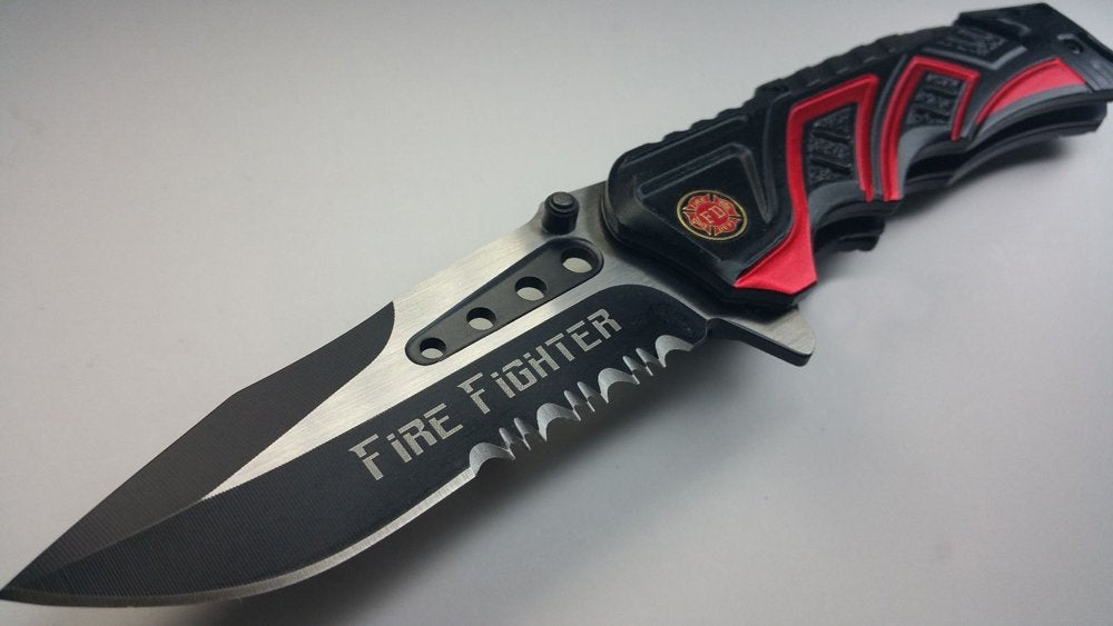 8" Fire Fighter Red MTECH SPRING ASSISTED FOLDING KNIFE Blade pocket open switch- Firefighter Rescue Pocket Knife - hunting knives, military surplus - survival and camping gear