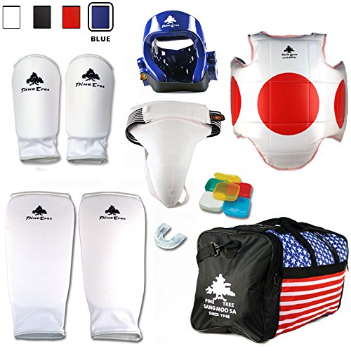 Pine Tree Complete Cloth Martial Arts Sparring Gear Set with Bag, Forearm/Shin, & Groin, Large Black Headgear, Child Large Other Gears Female