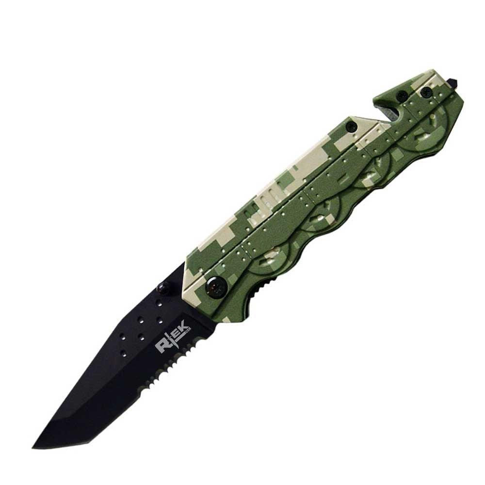 Rtek USA Tank Design Rescue Tactical Knife with Serrated Sharp Stainless Steel Blade Belt Clip Glass Breaker Seat Belt Cutter 2 color Camo Black