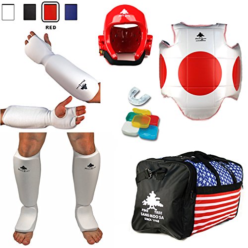Pine Tree Complete Cloth Martial Arts Sparring Gear Set with Bag, Medium Blue Headgear, Large Other Gears