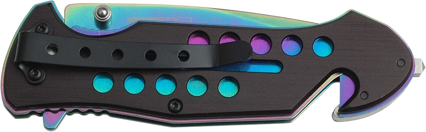 TAC Force TF-509 Spring Assist Folding Knife, Rainbow Blade, Black Handle, 4.5-Inch Closed