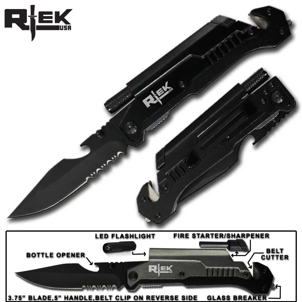 NEW Rogue River Tactical Knives Black 6-in-1 Multitool Survival Pocket Knife with Magnesium Fire Starter, LED Flashligh
