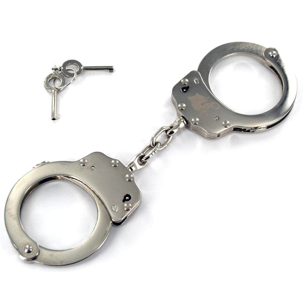 Professional Heavy Duty Silver Chrome Chain Police Style Handcuffs DOUBLE LOCK With Duty Handcuff Nylon Case Holster