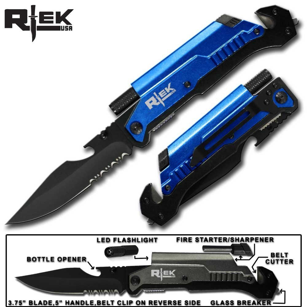 9" Tactical Spring Assisted Black Blue Gold Gray Green Red Survival 7 in 1 Rescue Pocket Knife LED Light Fire Starter Blade Sharpener Bottle Opener Glass Breaker Belt Cutter