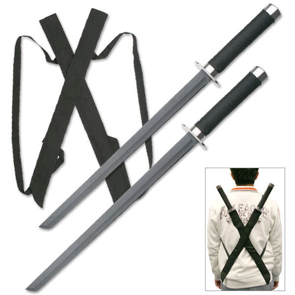 NINJA 25.5" TWIN SWORD BLACK CORD WRAPPED HANDLE WITH CARRYING SHOULDER STRAP - SparringGearSet.com