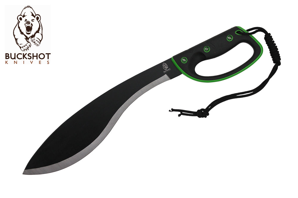 21" Kukri Machete With Two Toned Black And Chrome Blade With ABS Green And Black Handle With Black Paracord Rope Tied Handle