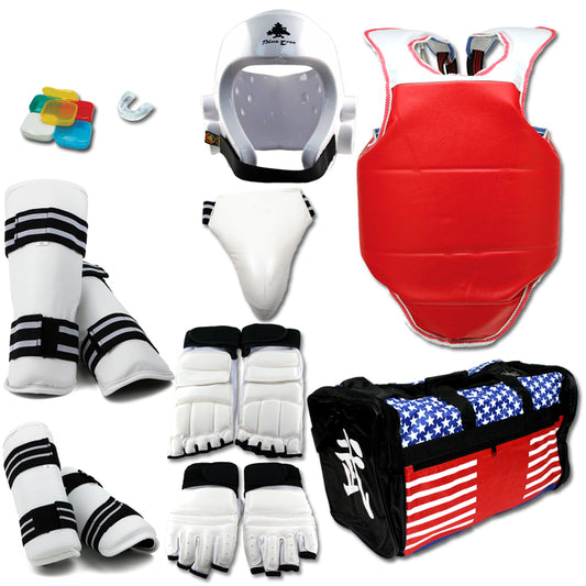Complete Taekwondo Vinyl Sparring Gear Set with Shin, Hand and Foot Guard