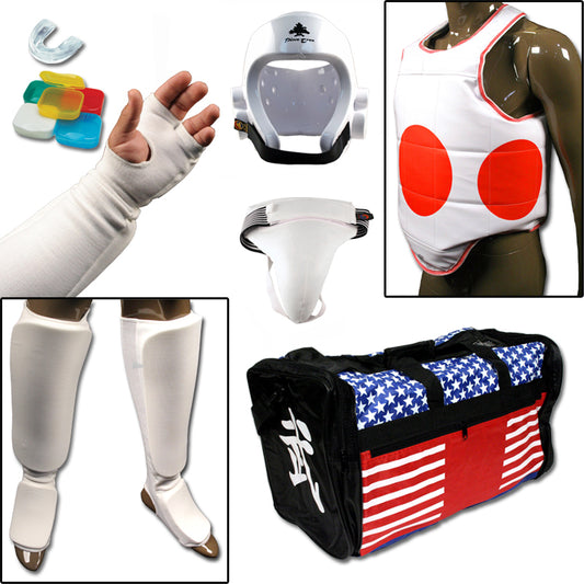 Complete Cloth Martial Arts Sparring Gear Set with Bag, Shin Instep, Groin Cup