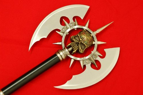 Steel Medieval Skull Gothic Battle Double Axe w/ Plaque