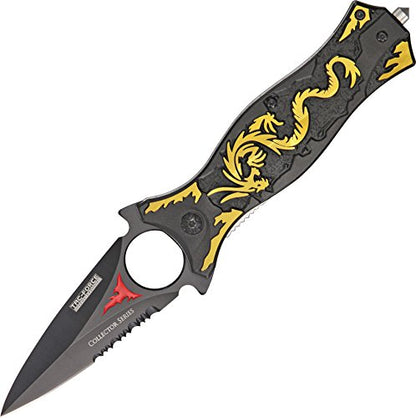 TAC Force TF-707 Series Assisted Opening Folding Knife, Black Half-Serrated Blade, Dragon Handle, 4-1/2-Inch Closed