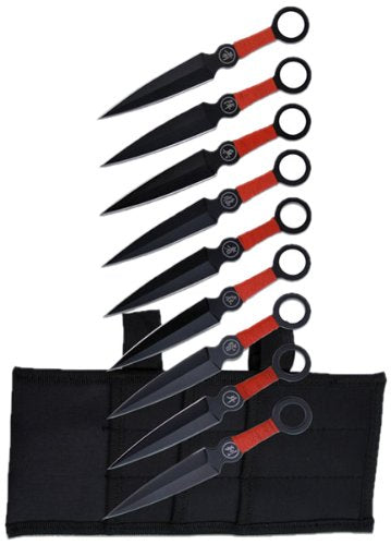Perfect Point PP-060-9 Throwing Knife Set with Nine Knives, Black Blades, Red Cord-Wrapped Handles, 6-1/4-Inch Overall