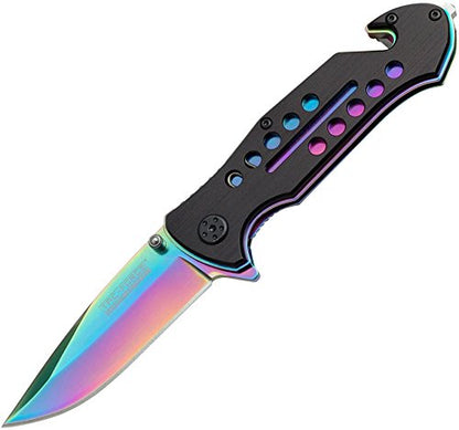 TAC Force TF-509 Spring Assist Folding Knife, Rainbow Blade, Black Handle, 4.5-Inch Closed