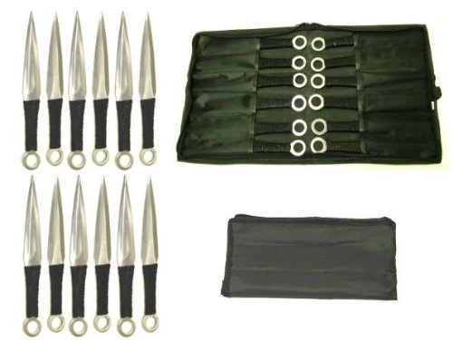 Perfect Point RC-086-12 Throwing Knife Set with 12 Knives, Silver and Black Blades, Cord-Wrapped Handles, 8-1/2-Inch Overall