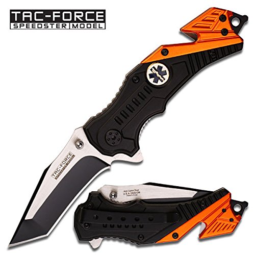 Tac-Force EMT Edition Spring Assisted 3mm Thick Stainless Steel 2 Tone Tanto Blade (TF-640EMT) Tactical Folding Knife, Includes Pocket Clip, Seat Belt Cutter and Glass Breaker