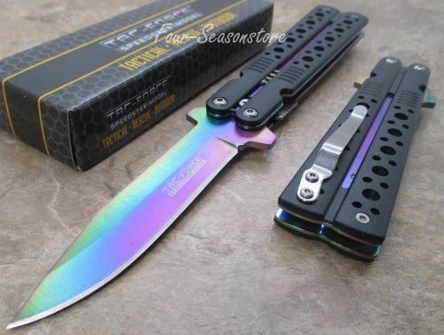 TAC Force Assisted Opening Black Handle Rescue Folder Half Stainless Steel Rainbow Blade Knife