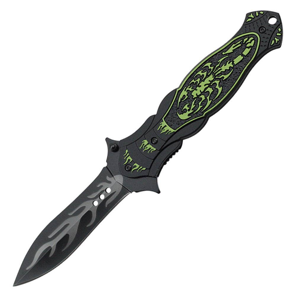 Ace Martial Arts 8" Scorpion Assisted Pocket Knife With Flames On Blade With Belt Clip (Green)