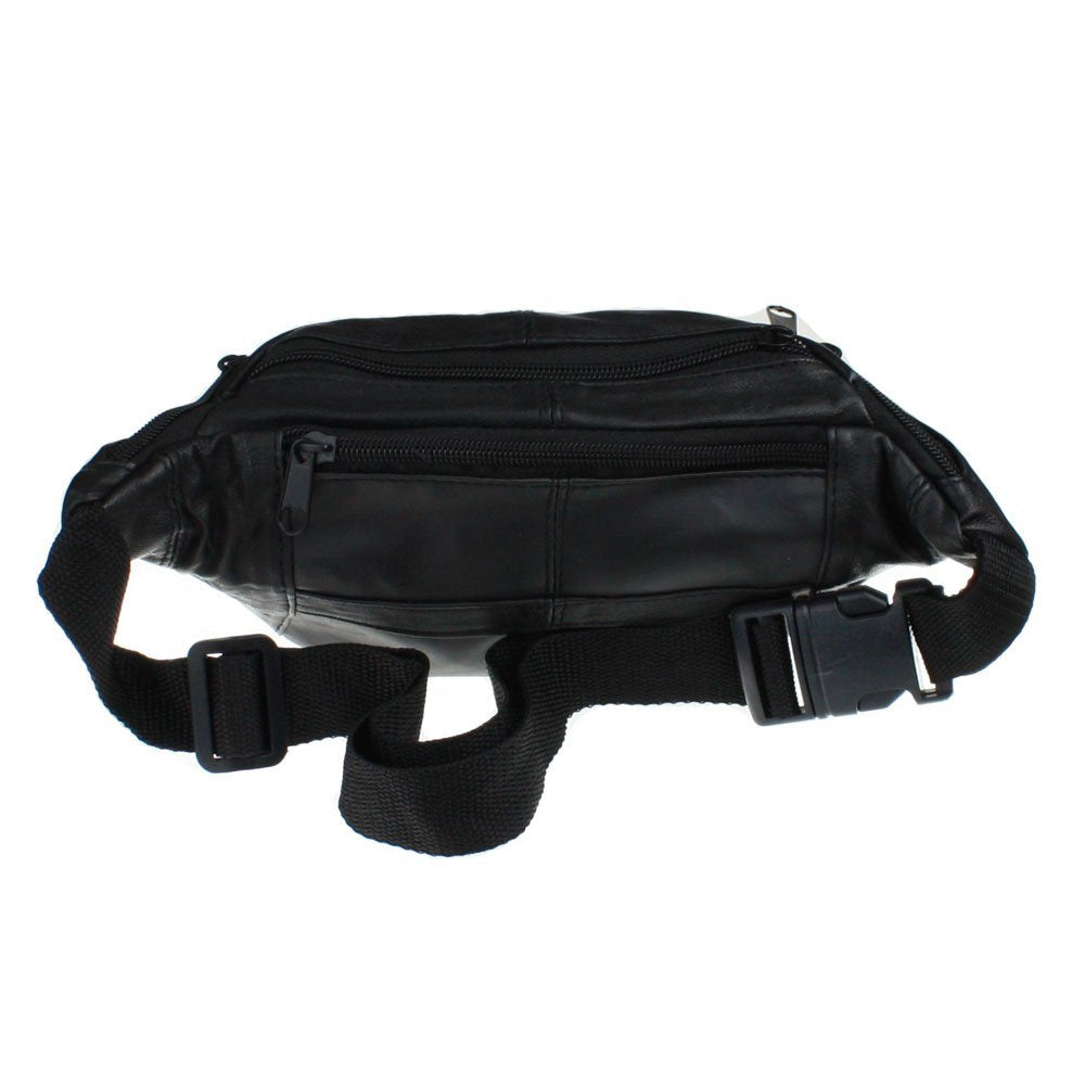 Small Black Leather Fanny Pack Waist Bag for Travel or Hiking - Main Compartment Approximately 6.5” X 4” X 2.5”