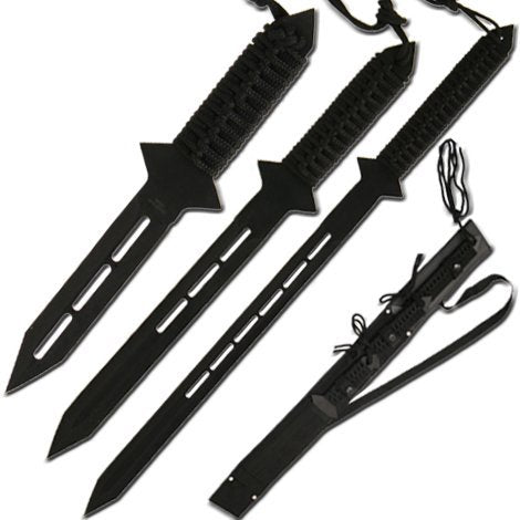3 Pcs Ninja Double Edged Sword Set W/ Shoulder Strap BK