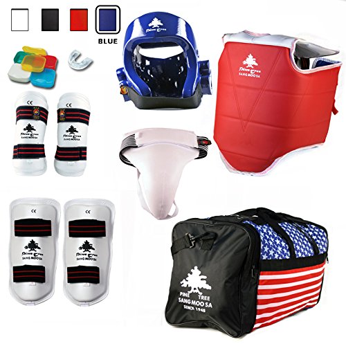Pine Tree Complete Vinyl Martial Arts Sparring Gear Set with Bag, Shin, & Groin, Large Blue Headgear, Small Other Gears Female