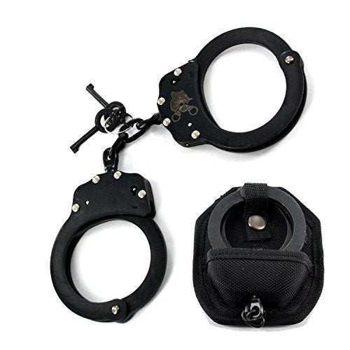 Chain Handcuffs Professional Heavy Duty Police Style Handcuffs Double Lock with Nylon Case Holster, Black
