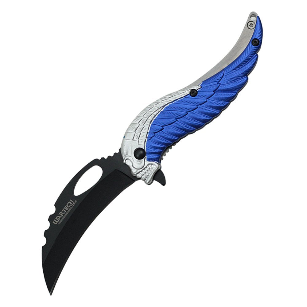 8 inch winged skull spring assisted pocket knife (blue) YC-S-8376-BL