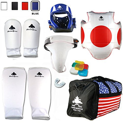 Pine Tree Complete Cloth Martial Arts Sparring Gear Set with Bag, Forearm/Shin, & Groin, Small Black Headgear, Child Small Other Gears Male