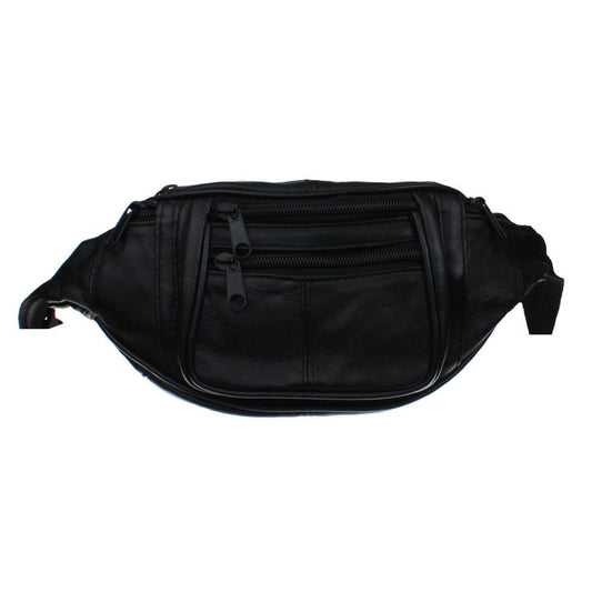 Small Black Leather Fanny Pack Waist Bag for Travel or Hiking - Main Compartment Approximately 6.5” X 4” X 2.5”