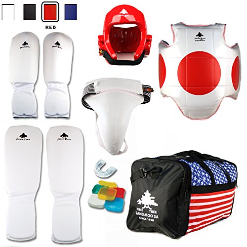 Pine Tree Complete Cloth Martial Arts Sparring Gear Set with Bag & Groin, Small White Headgear, Large Other Gears Male