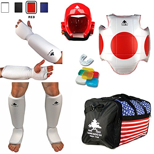Pine Tree Complete Cloth Martial Arts Sparring Gear Set with Bag, Small White Headgear, Small Other Gears