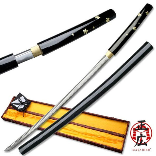 HAND FORGED CARBON STEEL SAMURAI SHIRASAYA w/ GOLD SAKURA BLOSSOM INLAY