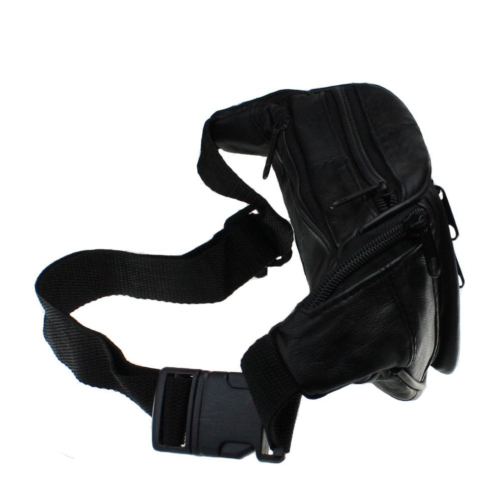 Small Black Leather Fanny Pack Waist Bag for Travel or Hiking - Main Compartment Approximately 6.5” X 4” X 2.5”