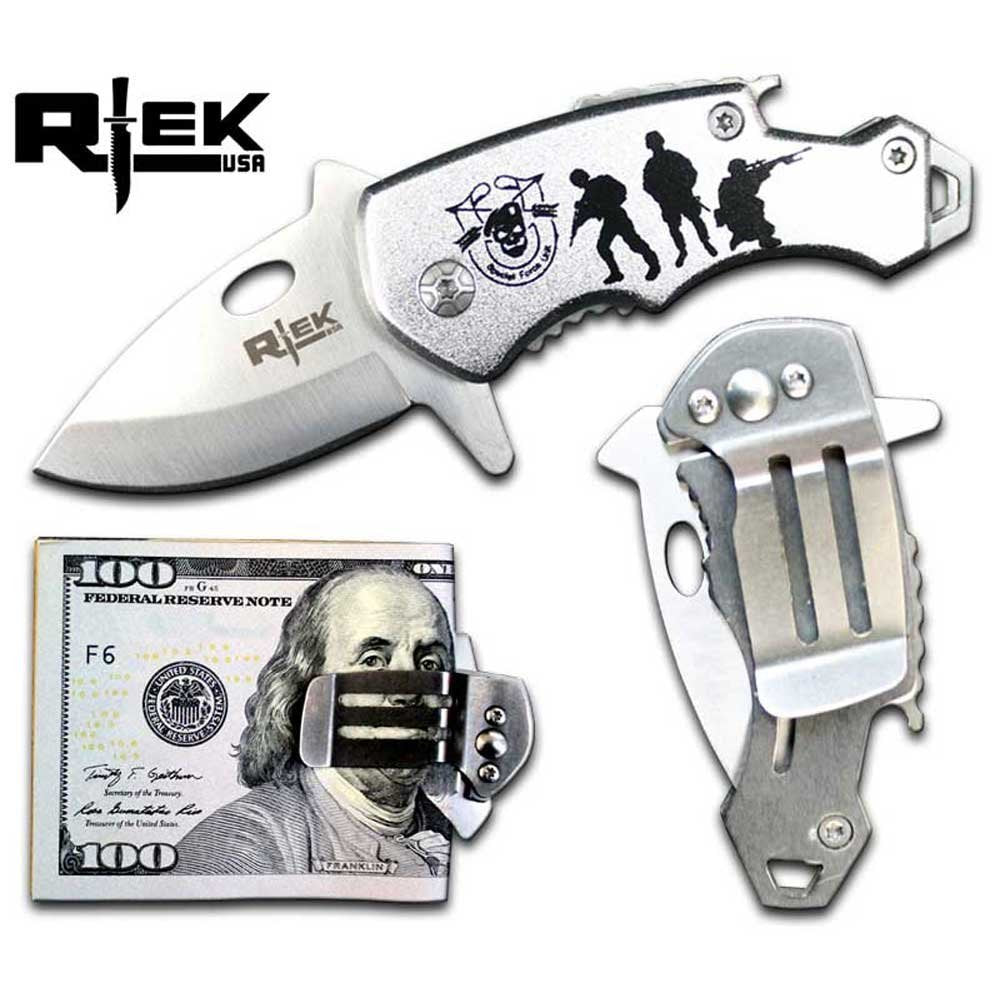 RTek USA Mini 4.25" Overall Tactical Money Clip Bottle Opener Folding Spring Assisted Open Knife 7 Variations Army, Navy, Marines, Special Forces, Fire Department, Police, Air Force,