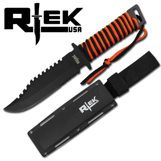 12" Rtek Tactical Combat Paracord Camo Brown Army Hunting Fixed Blade Knife Black USA R tek Hard Plastic Sheath Full Tang Handle (Black Sawtooth Blade)