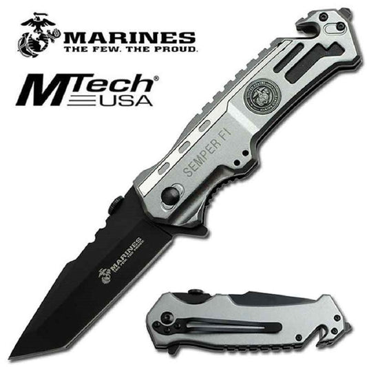 USMC Elite Tactical "Semper Fi" Rescue Folding Knife - Grey Tanto