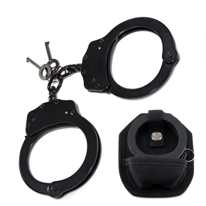 Professional Grade Police Edition Heavy Duty Security Handcuffs Silver Chrome Steel Double Lock with case (BLACK)