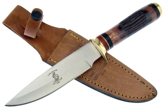 Bone Collector 10" Bowie Hunting Round Authentic Bone Handle Stainless Steel Polished Camping Knife with Leather Sheath