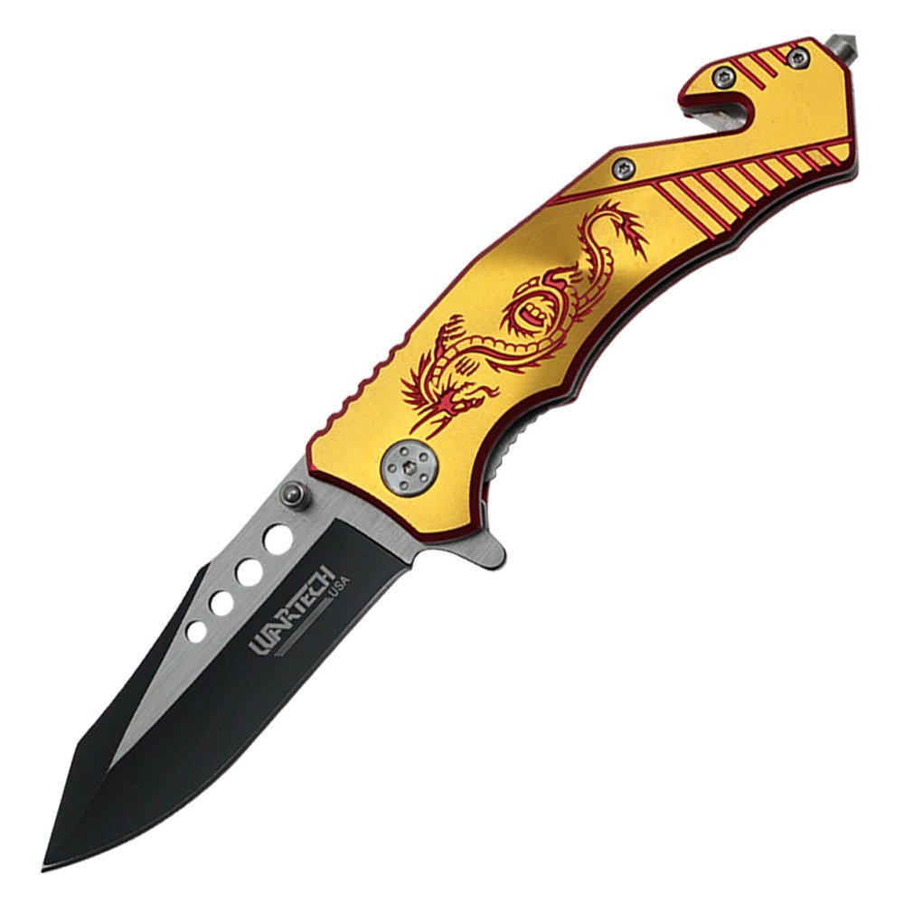 Ace Martial Arts 8" Two Toned Dragon Assist Rescue Knife With Belt Clip (Gold)