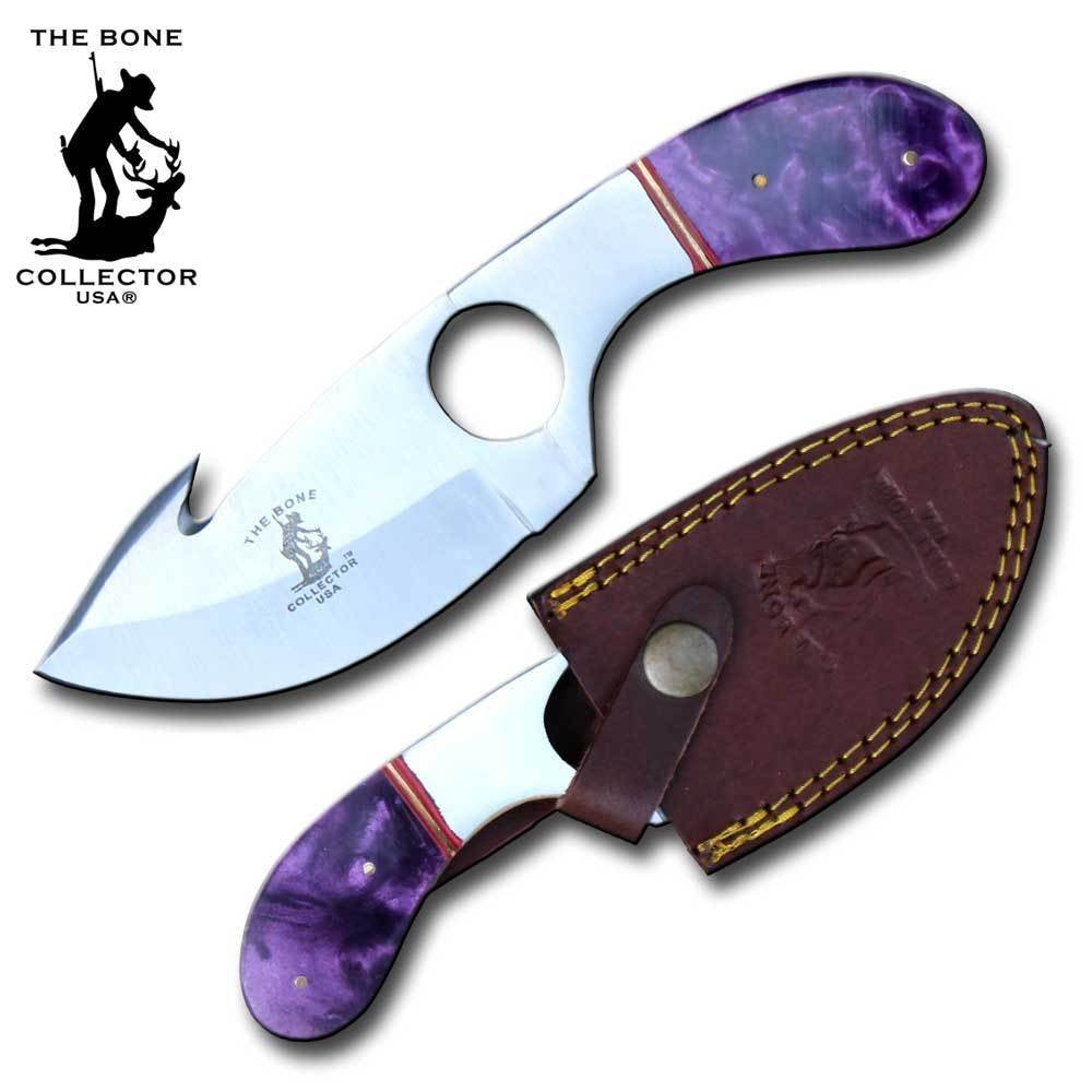 7.25" The Bone Collector Purple Color Acrylic Handle Full Tang Hunting Guthook Knife with finger Hole and Leather Sheath